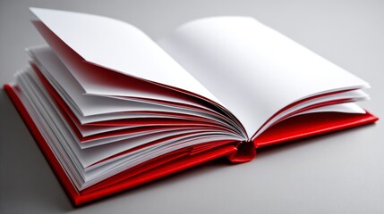 Open book with red edges on white table showing blank pages for education publishing literature concept
