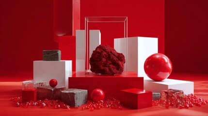 Geometric red and white cubes with objects on display for product design and visual merchandising concept