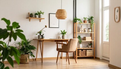 Cozy, minimalist home office with wooden furniture and greenery.