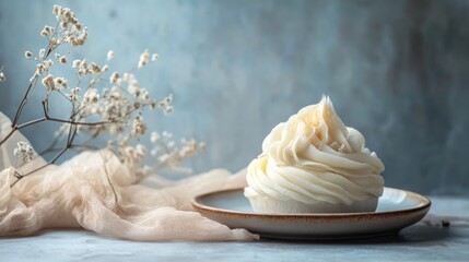Vanilla meringue dessert on table with tea towel and dried flowers for bakery styling rustic aesthetic concept