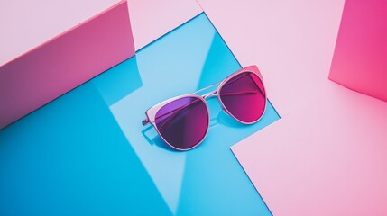 Pink and blue geometric background with fashion sunglasses for summer pop aesthetic style accessories concept