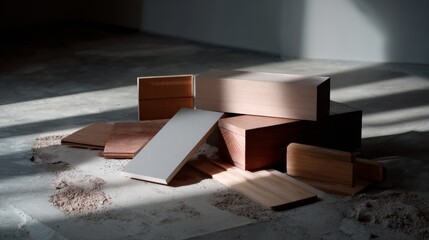 Dark moody wood and tile cubes arranged with light rays for architecture material branding design aesthetic concept