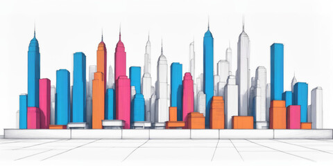 Colorful Hand-Drawn City Skyline with Modern Skyscrapers and Artful Design backdrop