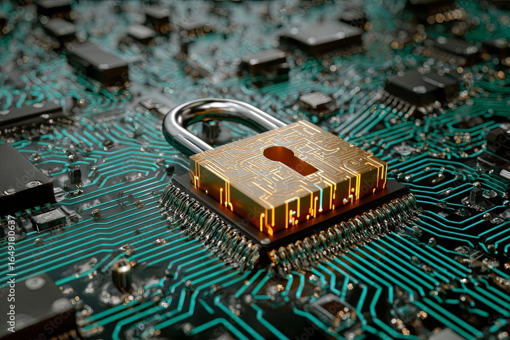 Poster futuristic digital lock on circuit board with vibrant colors and data protection concept in technolo