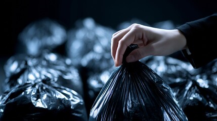 Hand holding black plastic garbage bag in dark dramatic setting for waste disposal pollution environment awareness concept
