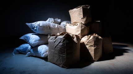 Brown kraft sacks and paper bags arranged under dramatic lighting for warehouse delivery storage packaging concept