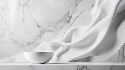 White marble background with flowing fabric and ceramic bowl for luxury product photography elegance concept