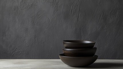Black ceramic bowls stacked on gray concrete background for kitchen modern tableware home design concept
