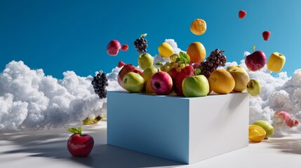 Fruit floating from box among clouds and blue sky in surreal healthy nature food concept design