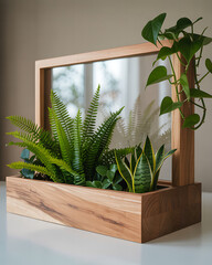 Modern wooden planter box with lush green plants and reflective mirror accent