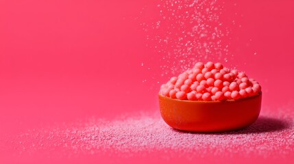 Red round cake with sprinkles on vibrant pink background for dessert bakery food celebration concept