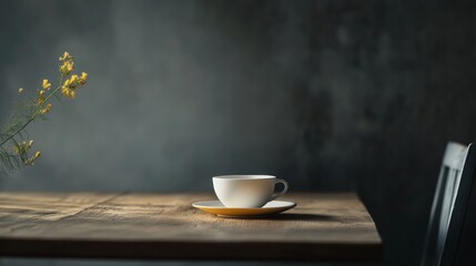 Single coffee cup on rustic wooden table with plant in moody light for calm peaceful concept