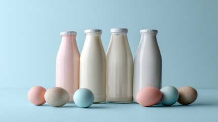 Group of glass milk bottles with eggs on pastel background for dairy fresh nutrition organic food concept