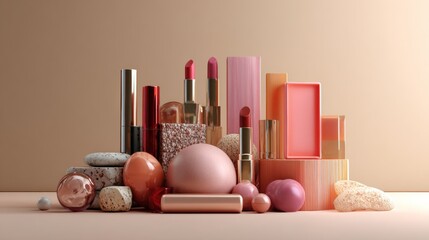 Cosmetic beauty product display with pink backdrop and shimmer elements for makeup branding luxury concept