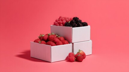 Box of strawberries and berries on pink background for healthy fresh fruit food product concept