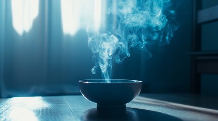 Dark moody scene with hot bowl steaming on table for food warmth comfort atmosphere relaxation concept