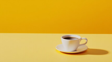 Cup of coffee on minimal yellow background for morning drink caffeine energy breakfast branding concept