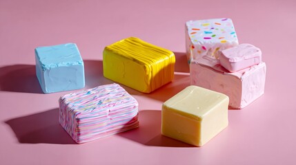 Colorful handmade soap bars on pastel pink background for natural skincare beauty product organic concept
