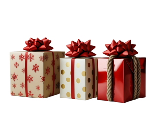 Photorealistic 3/4 angle shot of three Christmas gift boxes (kraft with red snowflakes + cream with gold polka dots + glossy red with jute rope), red satin bows, arranged with one box slightly...