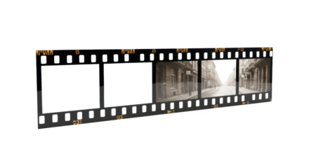 A 3D rendered film strip with empty frames and sepia images of an old city street.