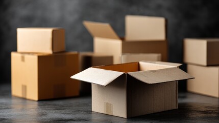 Open cardboard boxes stacked in dark warehouse for delivery storage logistics packaging shipping moving concept