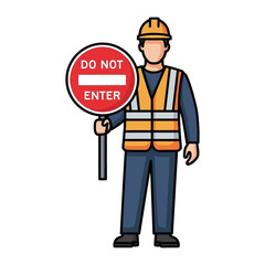 Construction Worker with Sign: A construction worker stands tall, holding a bold Do Not Enter sign, signaling safety and caution.