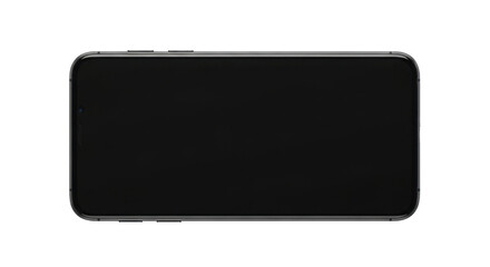 A modern black smartphone with a blank screen, horizontally oriented on a clean white background.