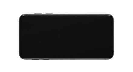 A modern black smartphone with a blank screen, horizontally oriented on a clean white background.