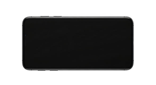 A modern black smartphone with a blank screen, horizontally oriented on a clean white background.