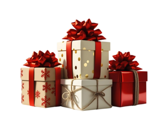 Photorealistic 3/4 angle shot of three Christmas gift boxes (kraft with red snowflakes + cream with gold polka dots + glossy red with jute rope), red satin bows, arranged with one box slightly...