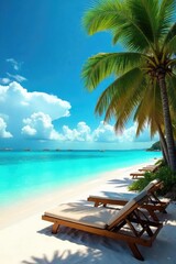 Fototapeta premium Relaxing on a tropical island, surrounded by turquoise water and swaying palm trees, a vibrant array of deck chairs awaits, promising ultimate serenity and escape , deck chair, vacation