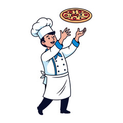 Pizza Chef's Culinary Act: An illustration captures the dynamic moment as a skilled chef tosses a delectable pizza pie in the air, embodying culinary skill and the art of Italian cuisine.