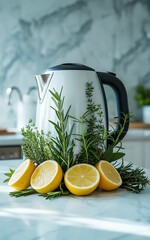 Modern electric kettle surrounded by fresh rosemary and sliced lemons on a marble countertop