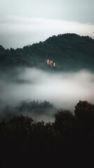 Fototapeta premium Misty mountain landscape with a castle nestled within.