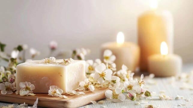 Soft spa candles and soap with chamomile flowers for relaxation wellness skincare beauty aromatherapy product display