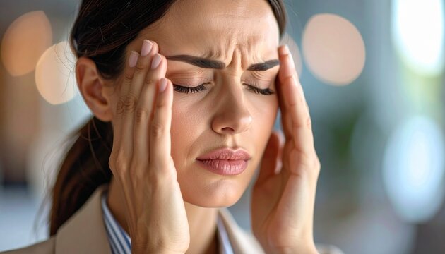 A Person presses temples with closed eyes, expressing mental strain, stress, or deep concentration