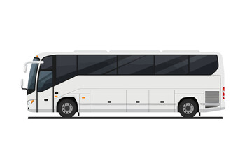Sleek White Tour Bus with Dark Tinted Windows Side View.