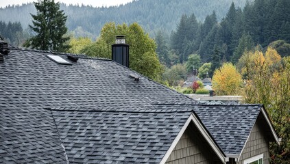 Close-up of a dark gray shingle roof,  with  forest and town in the background
