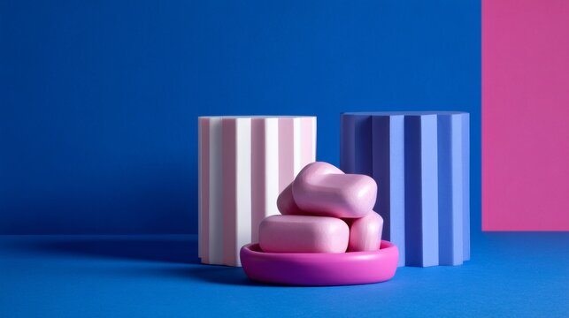 Pastel skincare product display with pink soap bars on geometric podiums for beauty branding minimalist scene