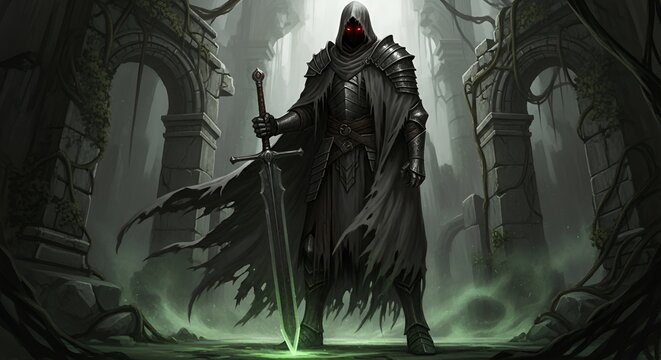 A dark hooded figure in armor stands with a sword in a ruined gothic environment with glowing red eyes