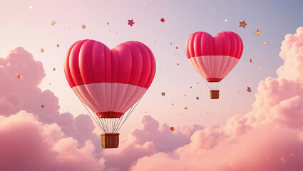 Obraz premium Two heartshaped hot air balloons floating gracefully through a dreamy pink sky filled with soft clouds and falling petals