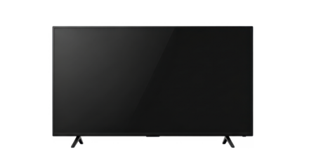 A modern, flat-screen television with a black display and slim stand, presented against a clean white background.