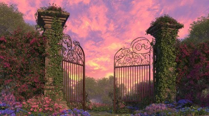 Ornate wrought-iron gates open to a colorful garden at sunset.