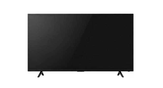 A modern, flat-screen television with a black display and slim stand, presented against a clean white background.