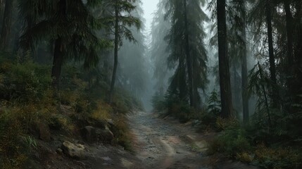 Obraz premium Misty forest path winding through tall trees.