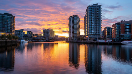 Fototapeta premium A city skyline with a beautiful sunset in the background