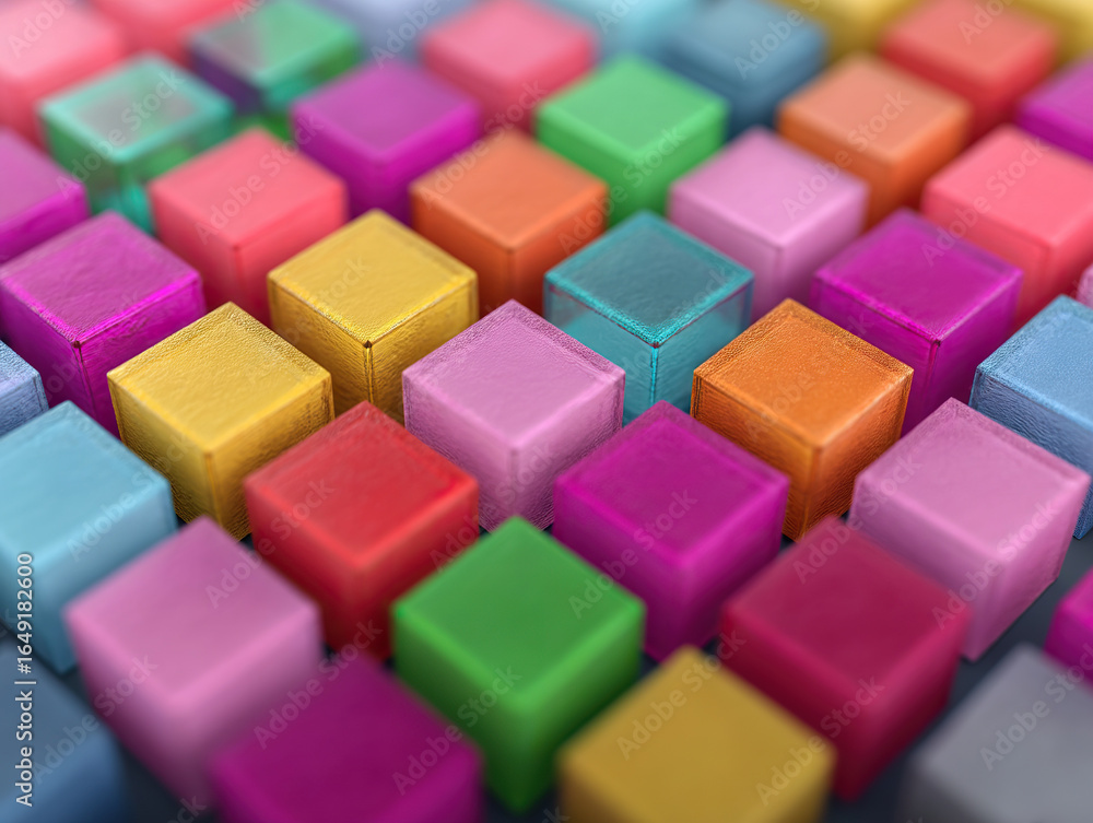 Poster colorful 3d cubes arranged in vibrant geometric pattern, creating visually striking and dynamic abst