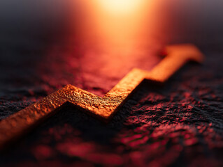 Dynamic upward trend arrow glowing in vibrant orange light, symbolizing growth and success on textured dark surface