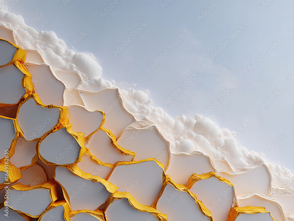 Poster abstract honeycomb like structure with golden edges and soft cloud like textures against light blue 