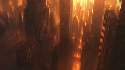 Obraz premium A cityscape with orange buildings and a foggy sky